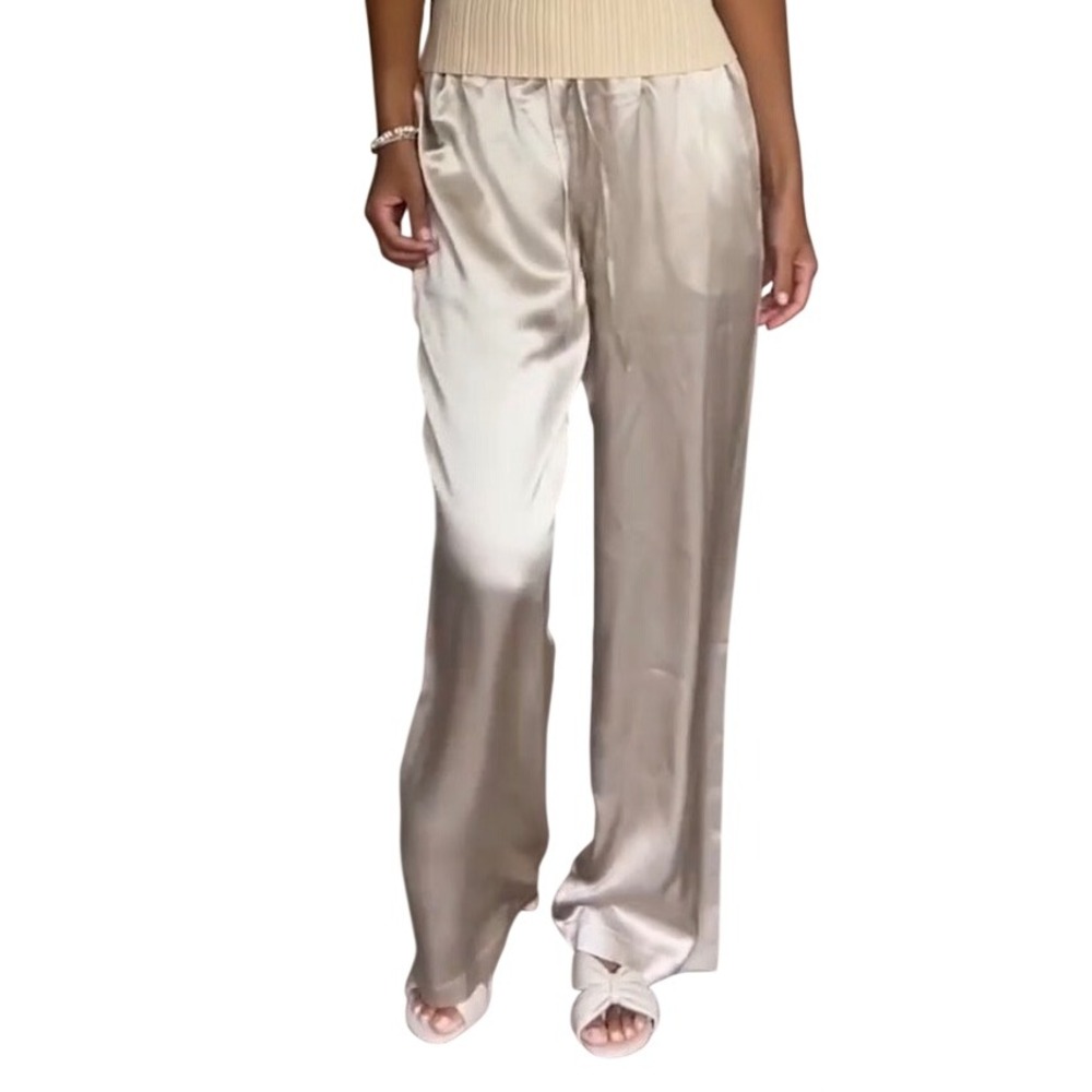 Quince 100% Silk Wide Leg Pants Champagne Beige Elastic Waist Small